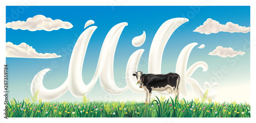 Rural summer landscape with cow among flowering grasses and with the inscription and clouds in the background.