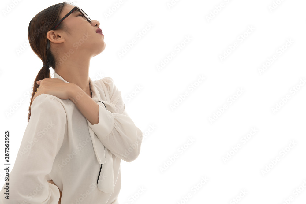 Asian business woman neck ache when working, use hand catch her neck pain from hard working long time over white background. Free from copy space. Office syndrome concept. Asian business woman neck ache when working, use hand catch her neck pain from hard working long time over white background. Free from copy space. Office syndrome concept.