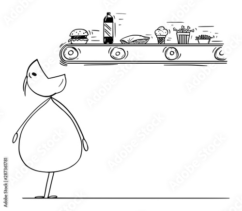 Vector cartoon stick figure drawing conceptual illustration of overweight or fat man waiting with mouth open for unhealthy or junk food falling from conveyor belt.
