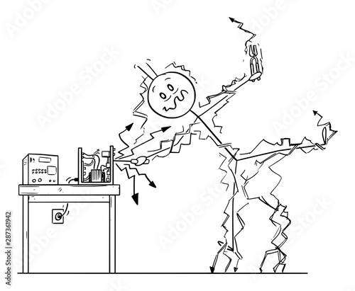Vector cartoon stick figure drawing conceptual illustration of man or repairman repairing some electronic device and get electric shock. Occupational safety concept.