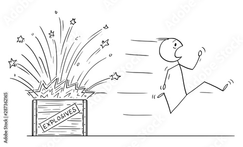 Vector cartoon stick figure drawing conceptual illustration of man, pyrotechnist or bomb disposal expert running away from exploding box with explosives.