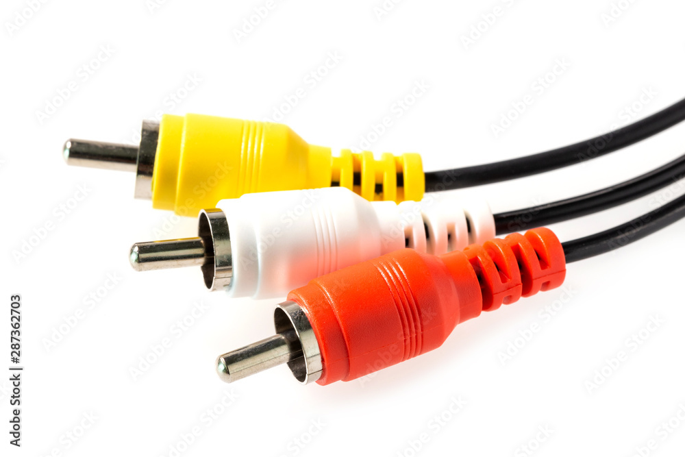 Red, white, yellow RCA plug with black cable connect to audio and video isolated on white background, close up Red, white, yellow RCA plug with black cable connect to audio and video isolated on white background, close up