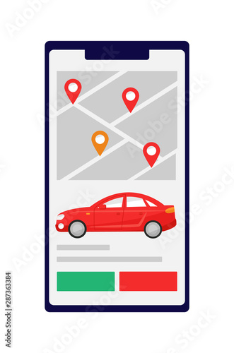 The carsharing app. Application about car sharing open on the smartphone screen. One of the points is selected on the map. Red car and its description. Buttons order and refuse. Vector isolated
