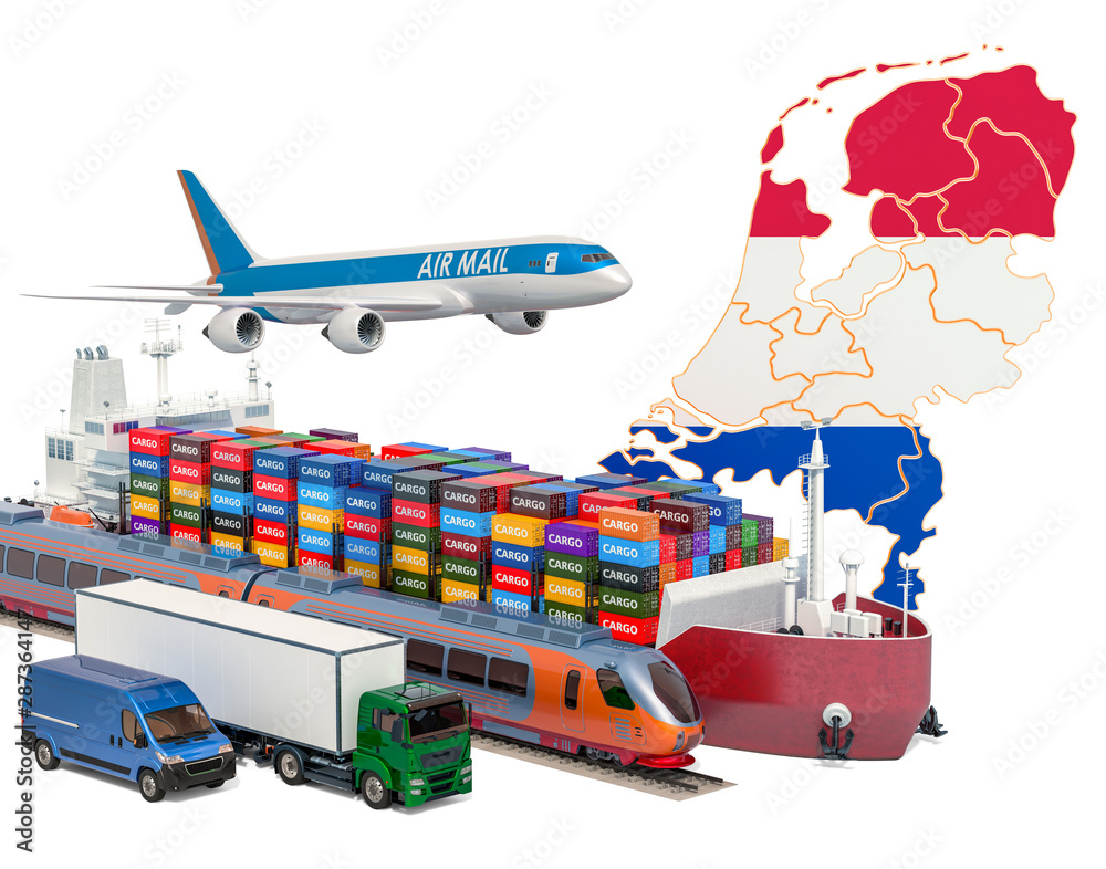 Cargo shipping and freight transportation in the Netherlands by ship, airplane, train, truck and van. 3D rendering