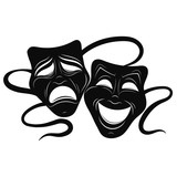 Theatre Masks. Drama and comedy. Illustration for the theater. Tragedy and comedy mask. Black white illustration. Tattoo.
