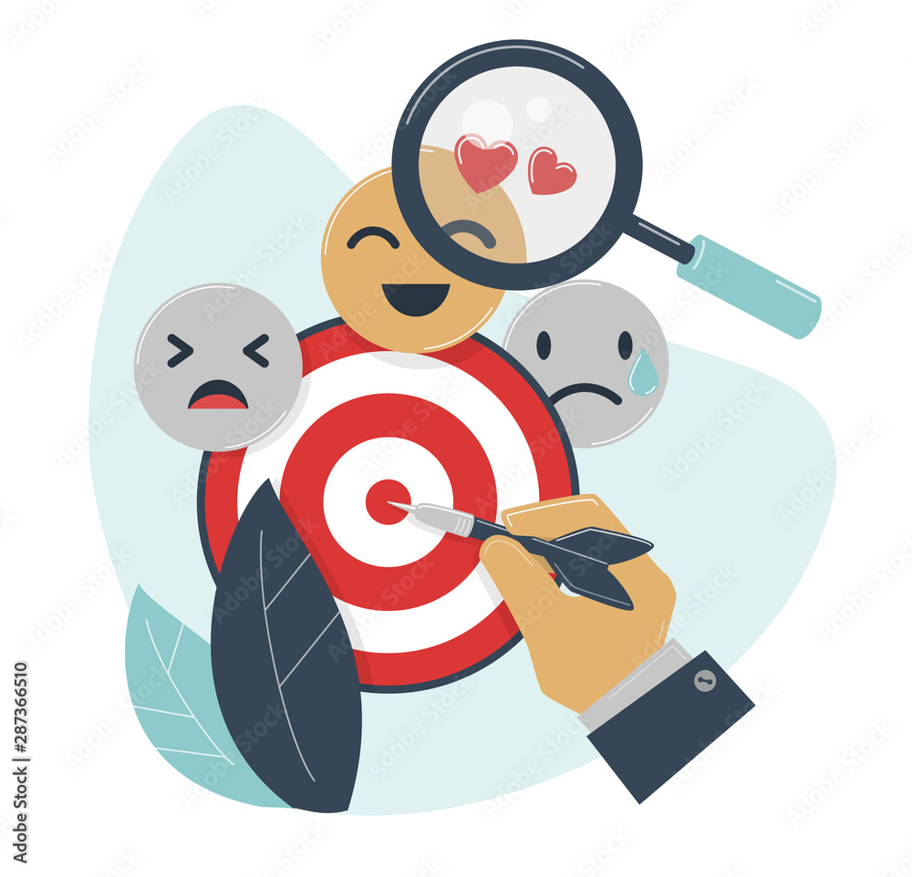 Emotional targeting and branding concept. A hand holds a dart, a magnifier studies emoji