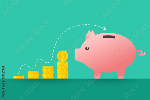 Piggybank and coins as savings, growing income or finances concept in flat design