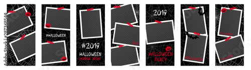 Halloween banner with photo frames, spider web, bat, pumpkin on dark, black halloween background. Scary party flyer templates.Website spooky, trick vertical banner set. Vector illustration EPS10