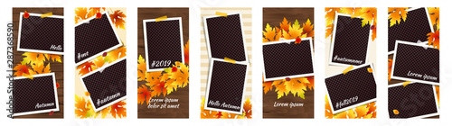Editable Autumn Social Network Stories Template Set with Photo Frames, Fall Flyers. Vector mock up. Story Thanksgiving Collection. Harvest festival Banners. Fall Party Invitation with falling Leaves
