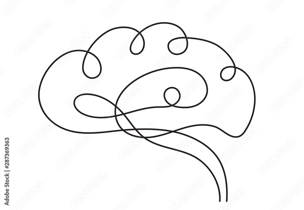 One line brain design silhouette.Logo design. Hand drawn minimalism style - obrazy, fototapety, plakaty 
