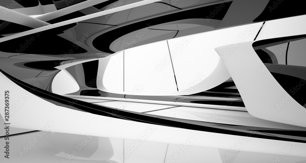 Abstract dynamic interior with black smooth objects. 3D illustration and rendering