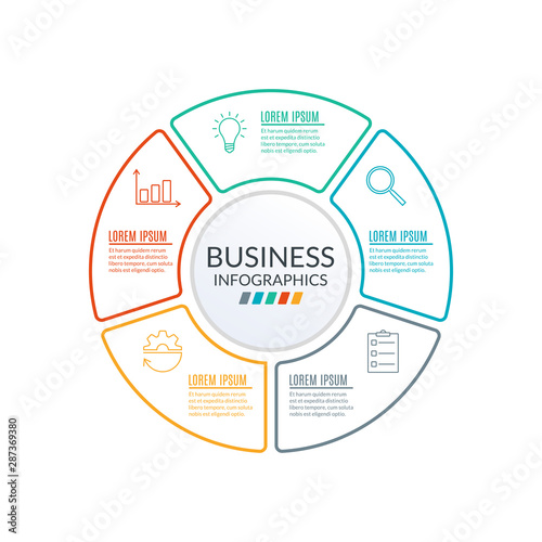 Circle infographic template. Outline Diagram with 5 elements or steps. Workflow, layout template. Business process and presentation concept. Organization chart. Vector illustration.