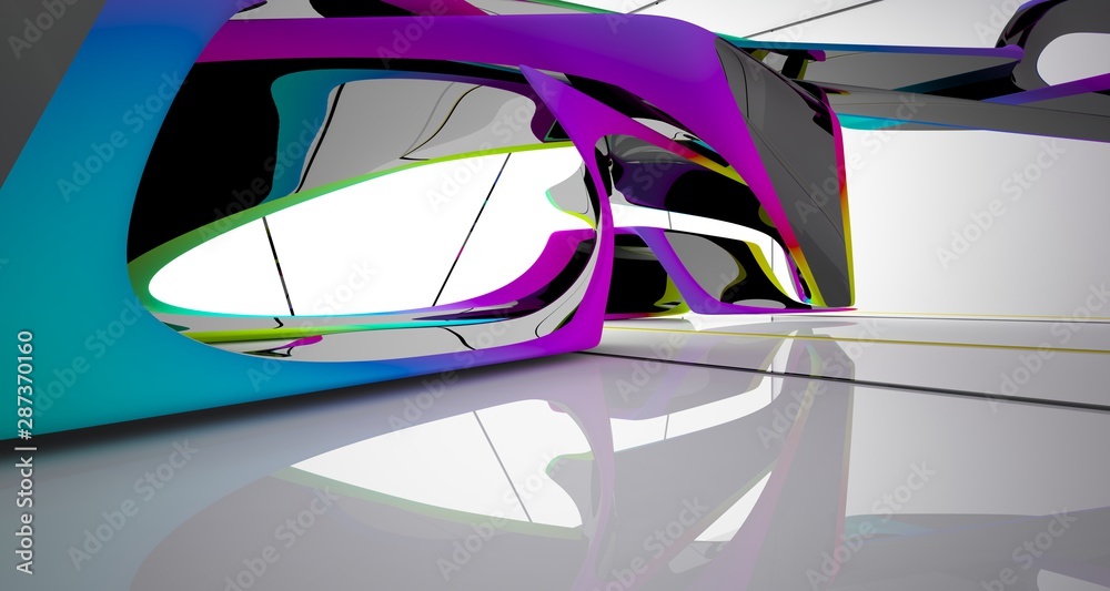 Abstract smooth white and colored gradient  interior multilevel public space with window. 3D illustration and rendering.