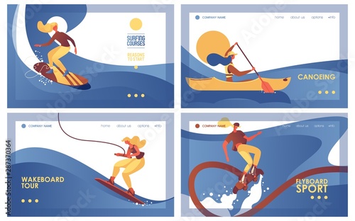 Collection horizontal banners about water extreme sport like surfing, canoeing, wakeboarding and flyboarding. Landing page templates good for header and web pages for sea activity and leisure