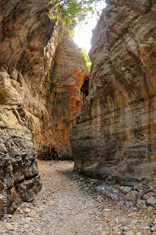 Interesting rocks forming a narrow passage in the Imbros Gorge on the island of Crete