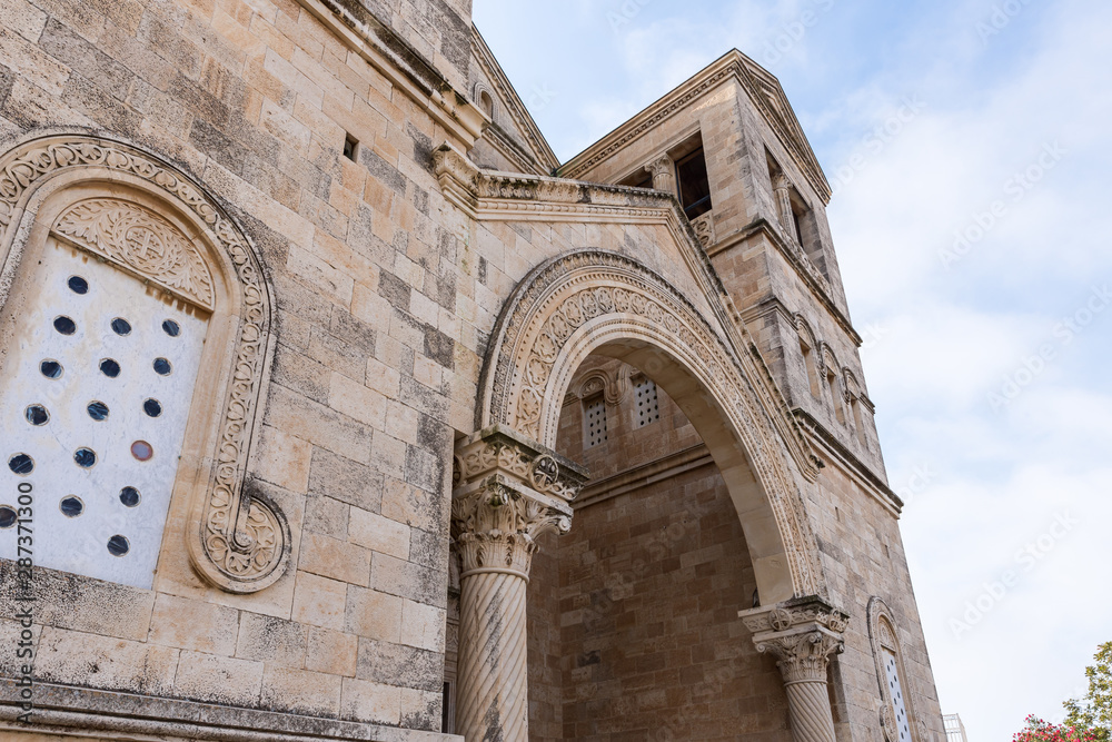 Part of the facade of the catholic Christian Transfiguration Church located on Mount Tavor near Nazareth in Israel