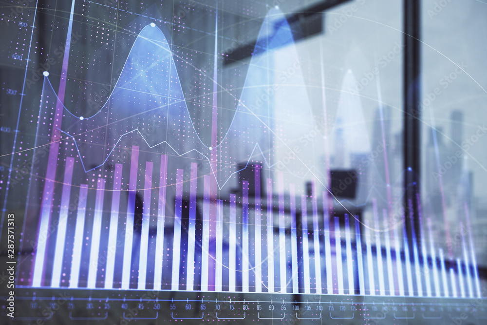Business theme graph hologram with minimalistic cabinet interior background. Double exposure. Stock market concept.