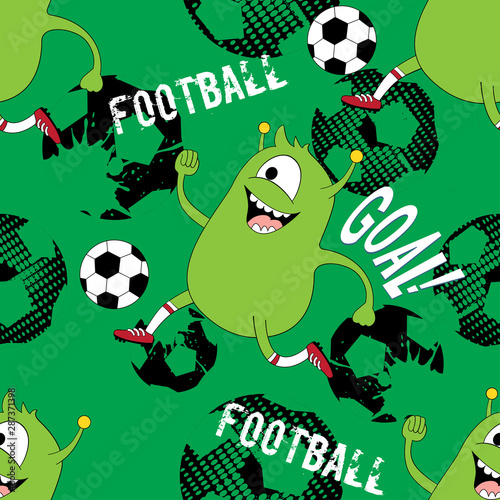 Cute kids monster pattern for girls and boys. Colorful football monster on the abstract bright background. The football monster pattern is made in bright colors. Urban pattern for textile and fabric