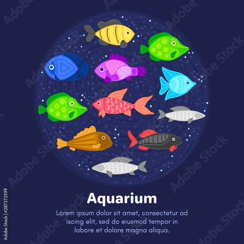 Vector colorful cartoon fish in circular shape. Undersea world. Aquarium. Cute marine life. Pisces. Brochure, flyer, label, cover, poster, banner, package, presentation, print on clothes, card. Eps10