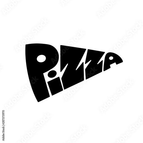 Pizza lettering logo. Template logo with silhouette of a pizza. Elegant calligraphic label. Lettering for labels, badges or tags of fast food restaurant, pizzeria, cafe.