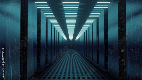 3D Rendering of data center room with abstract data servers and glowing led indicators, abstract network and ceiling lights. For Big data, machine learning, artificial intelligence concept background.