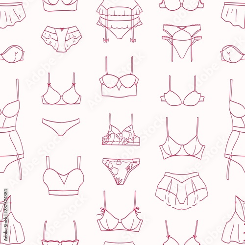 Monochrome seamless pattern with lingerie and sleepwear drawn with contour lines on white background. Backdrop with sexy female underwear. Vector illustration in modern lineart style for fabric print.