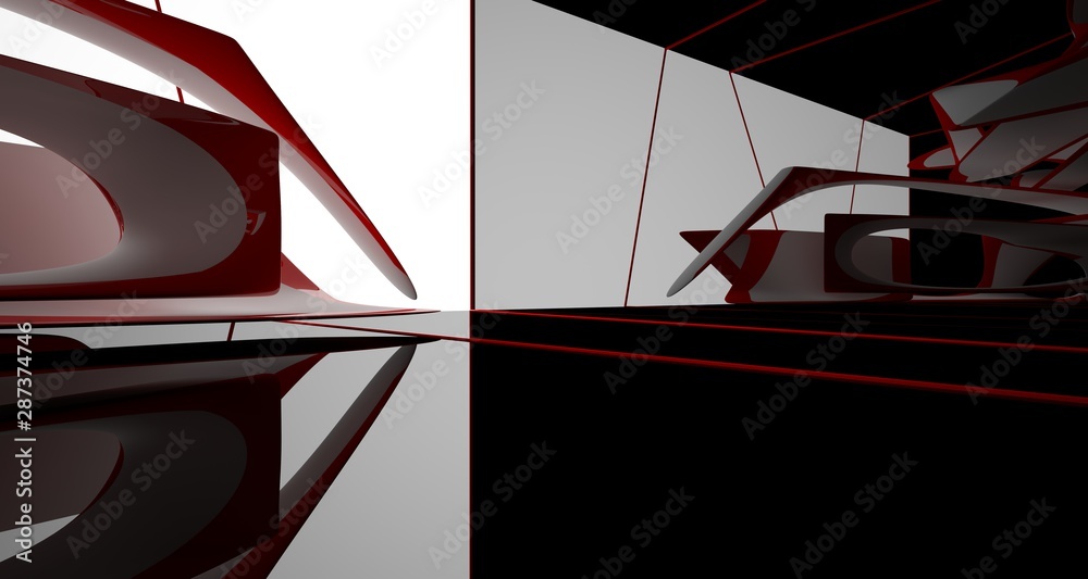 Abstract smooth white and black interior multilevel public space with window. 3D illustration and rendering.