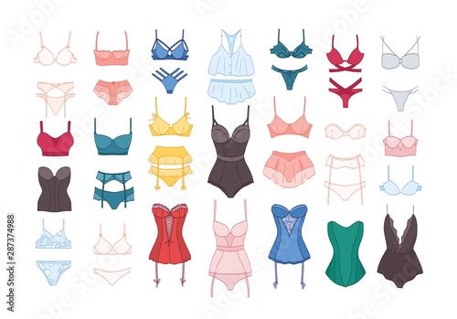 Bundle of women's lingerie and nightwear sets isolated on white background. Collection of elegant undergarments or sexy female underwear. Colorful vector illustration in modern line art style.