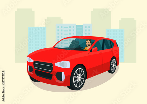 CUV car with driver man. Isometric view. Vector illustration.