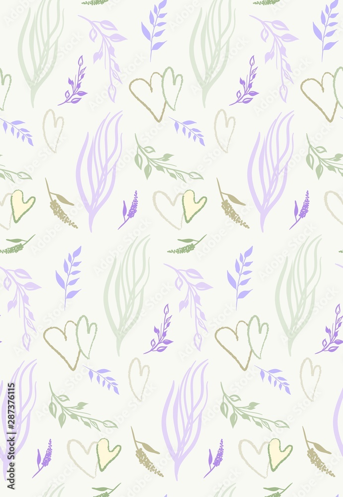 seamless pattern with sprigs and hearts pastel