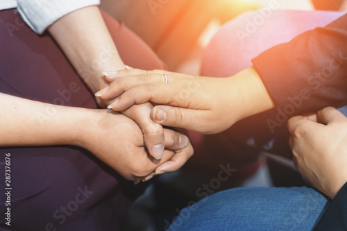 Psychologist session  close up on hands of doctor and patient  mental health  support and counseling concept