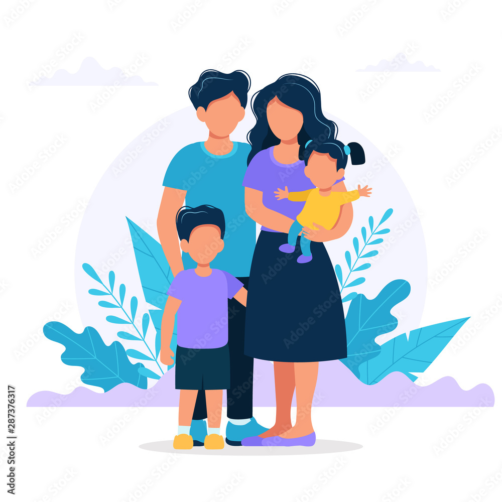 Family with children. Mother, father, boy and little girl, family photo. Vector illustration in flat style