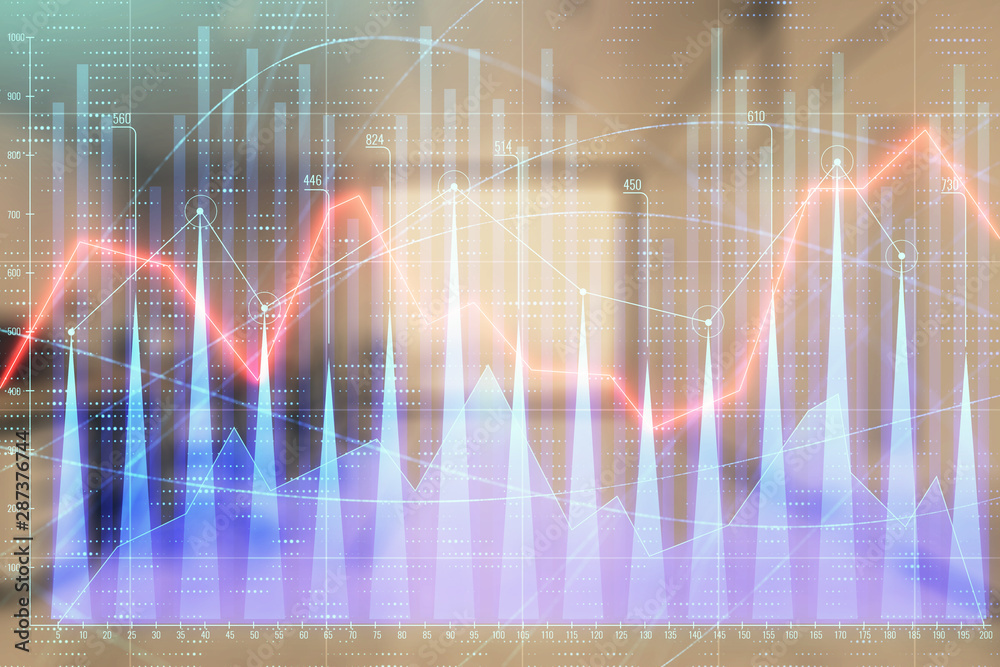 Stock market chart with trading desk bank office interior on background. Double exposure. Concept of financial analysis Stock market chart with trading desk bank office interior on background. Double exposure. Concept of financial analysis