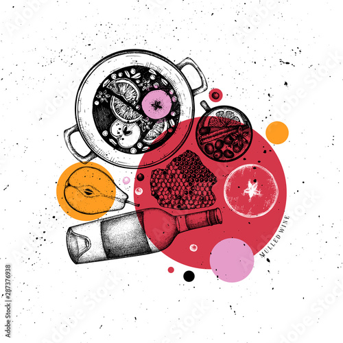 Bar menu design. Hand drawn Mulled wine illustrations. Vector rhomb wreath with hot drinks sketches. Christmas food and beverage frame. Greeting card, invitation or flyer template.