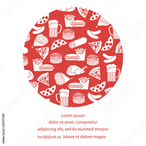 Beer, different types of food and fast food.
