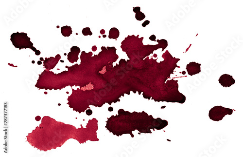 Burgundy watercolor background, isolated spots of paint, unique stains and shape. Watercolor rough brush stains. With copy space