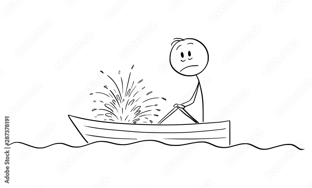 Vector cartoon stick figure drawing conceptual illustration of frustrated  man or businessman sitting in rowing boat and watching the water squirting  inside with resignation. Boat is sinking. Stock Vector | Adobe Stock
