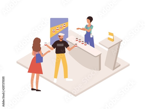 Man and woman tasting beverage or drink at commercial promotional stand