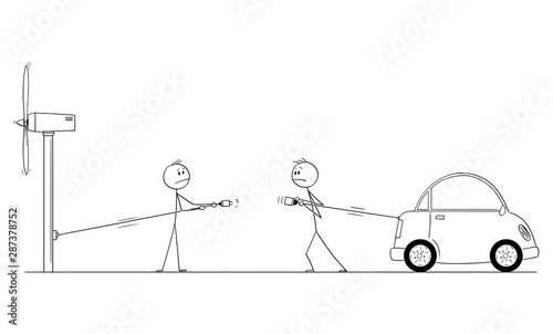 Vector cartoon stick figure drawing conceptual illustration of two men unable to connect cables to recharge electric car and wind power plant. Concept of insufficient power line infrastructure.