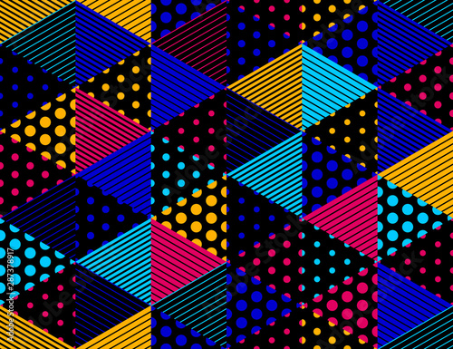 3D dotted cubes seamless pattern vector background, dots and lines dimensional blocks, architecture and construction, geometric design.
