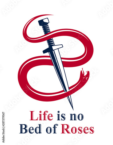 Dagger kills a Snake, defeated Serpent wraps around a sword vector vintage tattoo, Life is a Fight concept, allegorical logo or emblem of ancient symbol.