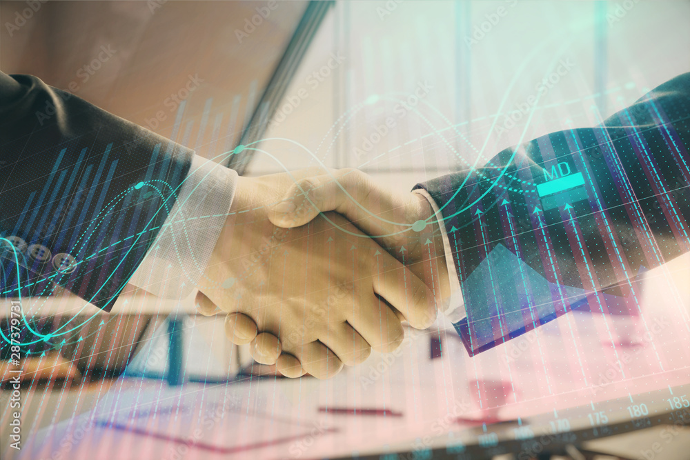 Multi exposure of financial graph on office background with two businessmen handshake. Concept of success in business