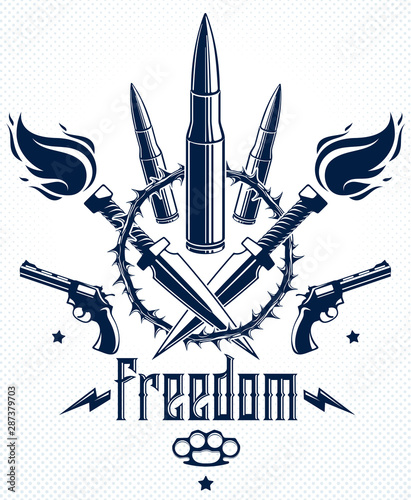 Bullets and guns vector emblem of Revolution and War, logo or tattoo with lots of different design elements, anarchy and chaos concept, criminal and gangster style, social tension theme.