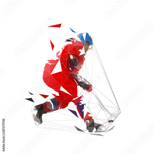 Ice hockey player in red jersey shooting puck, geometric polygonal drawing. Isolated vector illustration. Ice hockey athlete