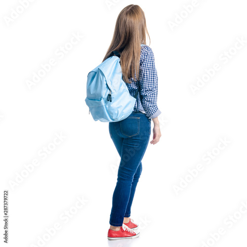 Woman in casual clothing student with backpack standing looking on white background isolation
