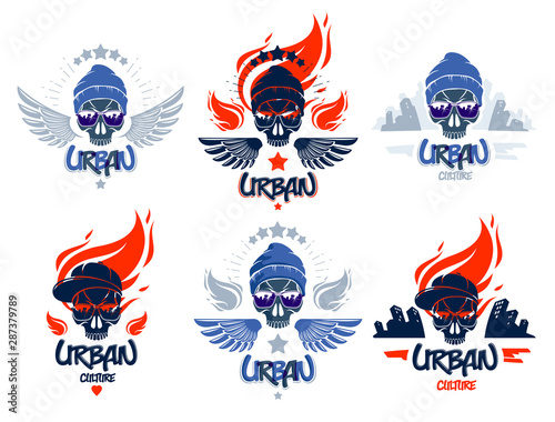 Urban culture style skull in sunglasses vector logos or emblems set, gangster or thug illustrations, anarchy chaos hooligan, ghetto theme.