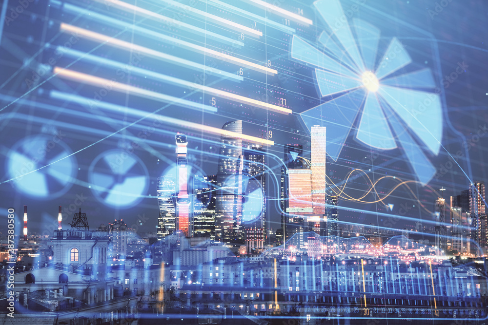 Double exposure of business drawing hologram on cityscape background.
