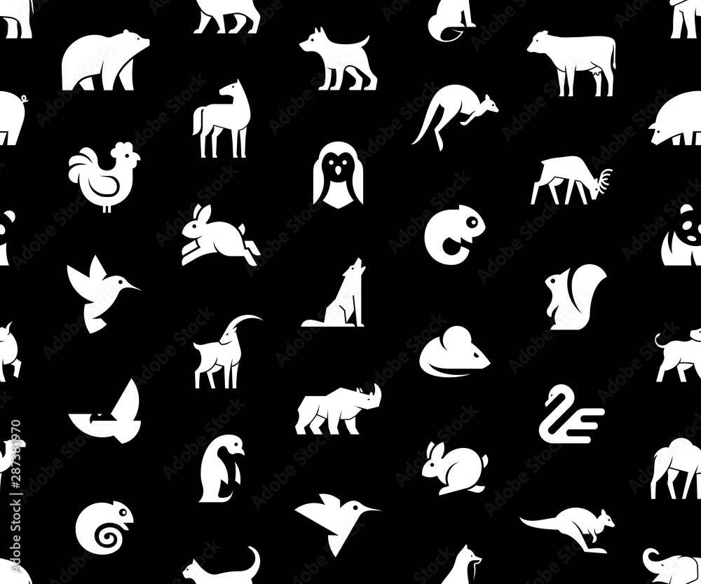 Seamless pattern with Animals logos. Isolated on Black background