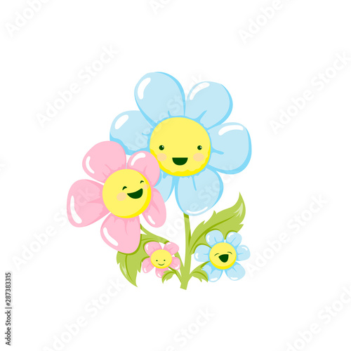 Cartoon daisy family - mother  father  two children - cute smiling characters  vector illustration. Isolated on white  for family day greeting card  poster  banner  floral shop logo  icon
