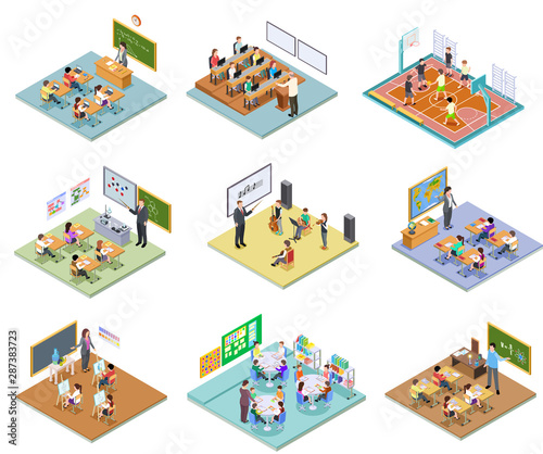 School rooms isometric. Library dining room lecture classroom gym sports hall toilet college university interior furniture 3d vector. Illustration education school room isometric, university interior